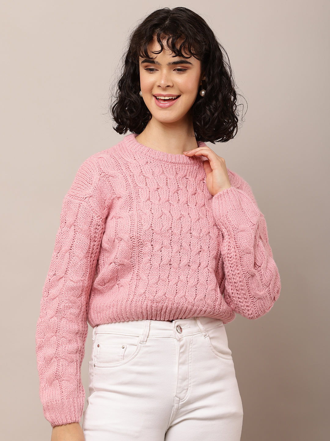 Acrylic Full Sleeve with Round Neck Cable knit Pink sweater