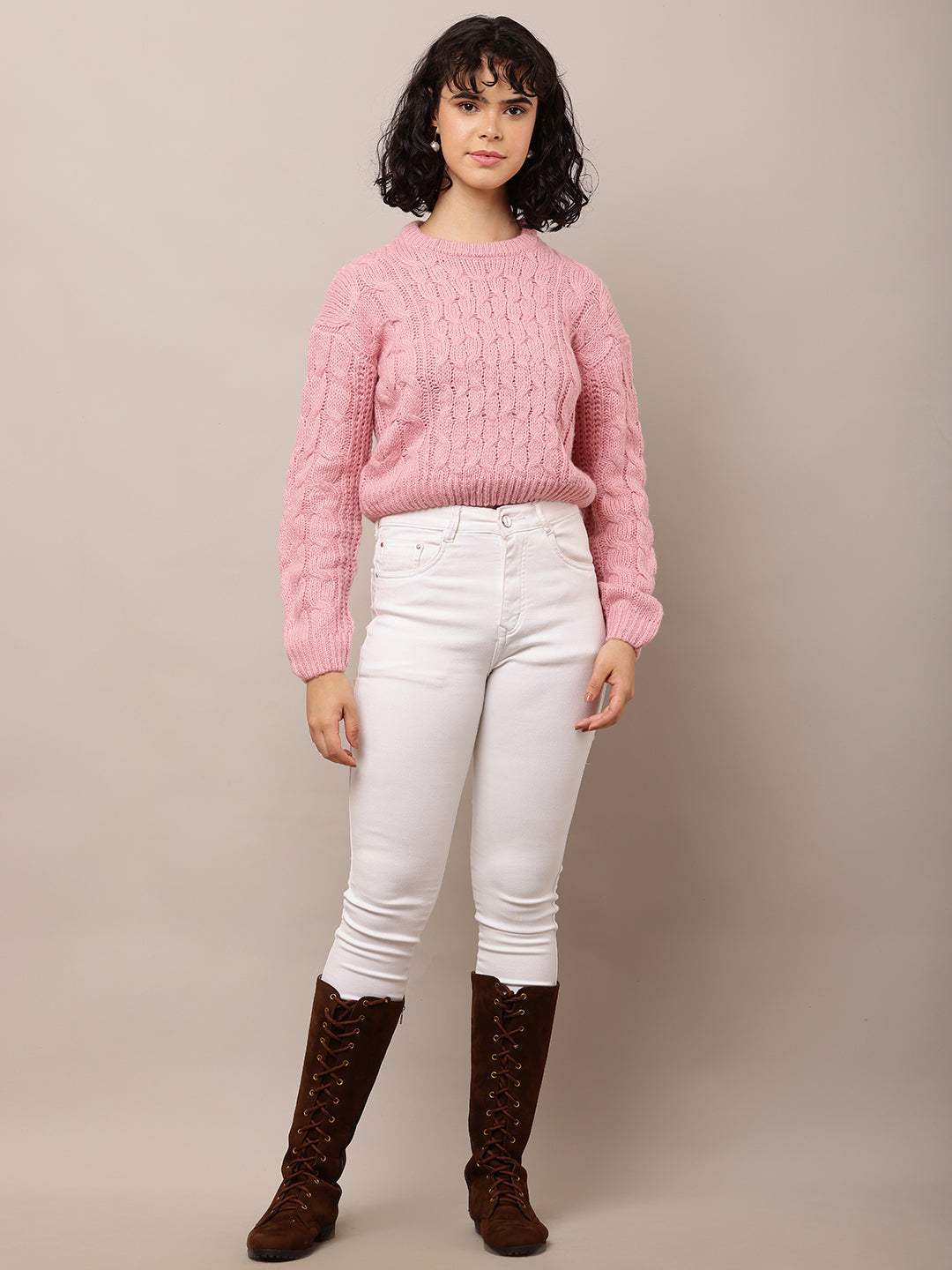 Acrylic Full Sleeve with Round Neck Cable knit Pink sweater