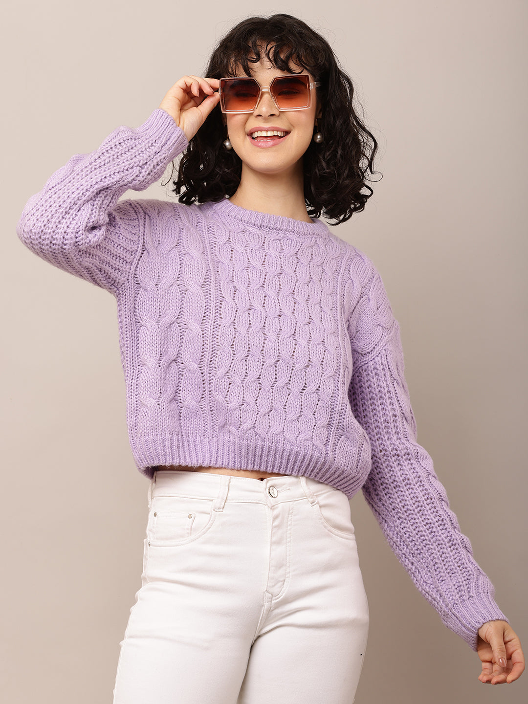 Acrylic Full Sleeve with Round Neck Cable knit Purple sweater