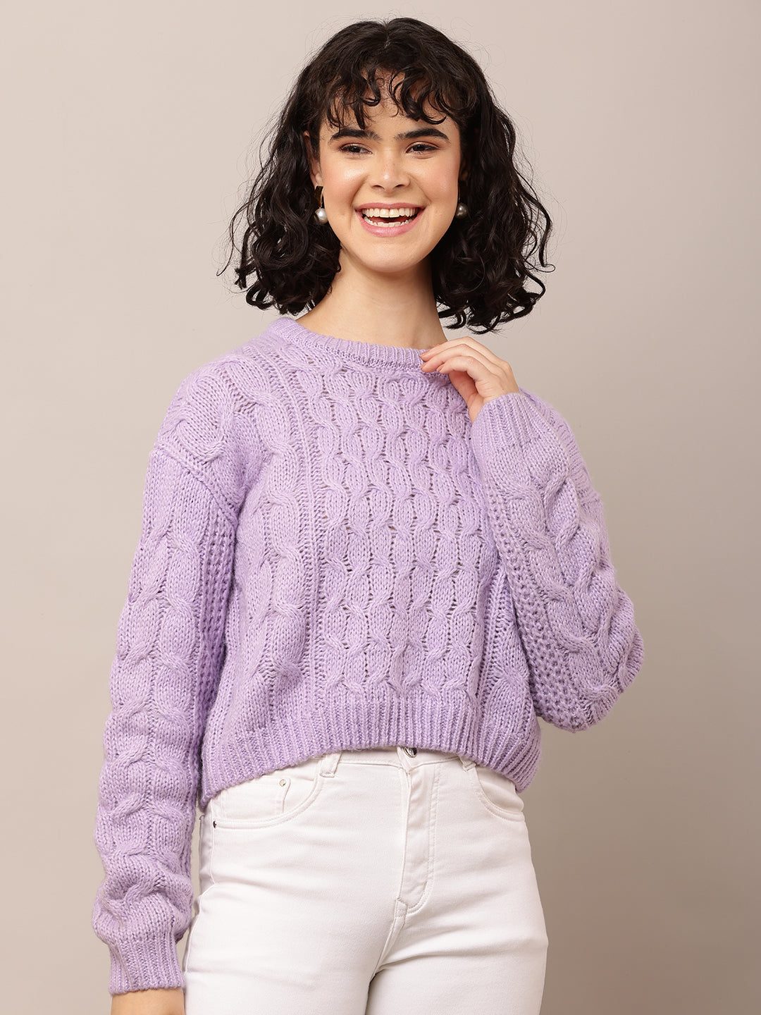 Acrylic Full Sleeve with Round Neck Cable knit Purple sweater