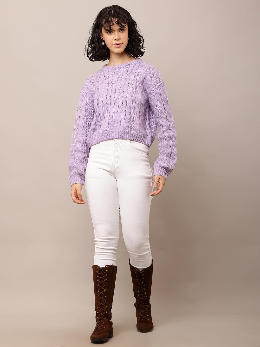 Acrylic Full Sleeve with Round Neck Cable knit Purple sweater