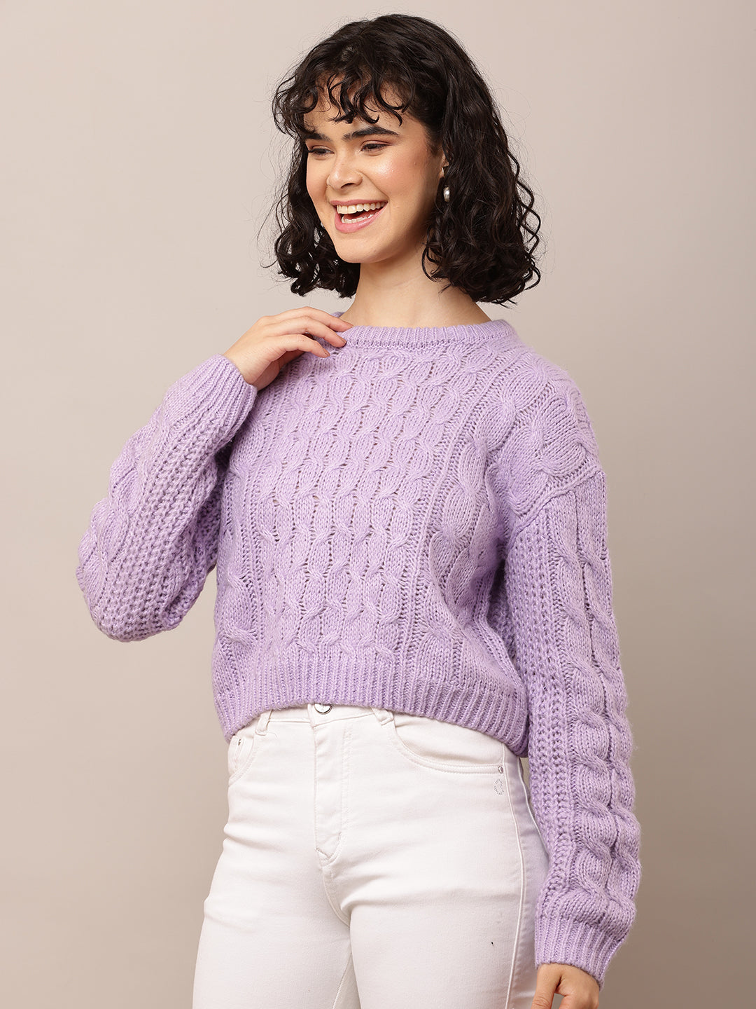 Acrylic Full Sleeve with Round Neck Cable knit Purple sweater
