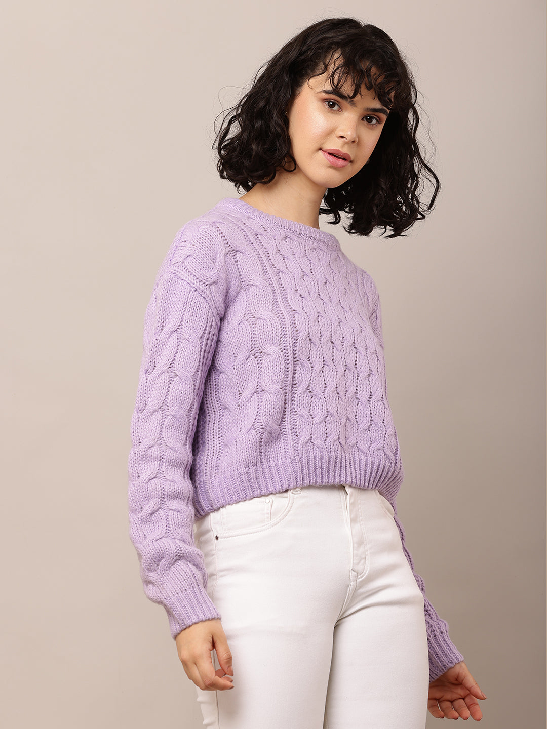 Acrylic Full Sleeve with Round Neck Cable knit Purple sweater