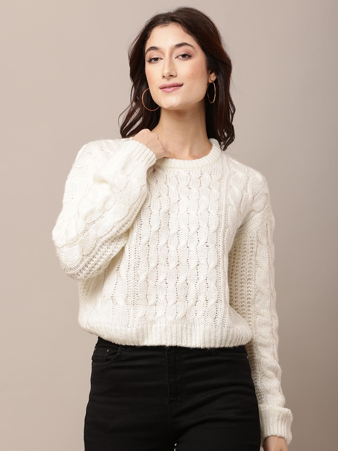 Acrylic Full Sleeve with Round Neck Cable knit White sweater