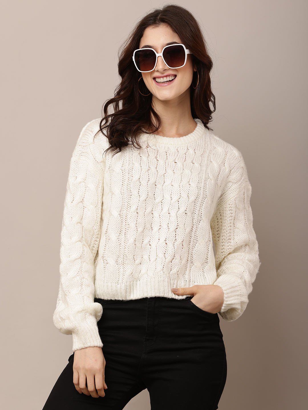 Acrylic Full Sleeve with Round Neck Cable knit White sweater