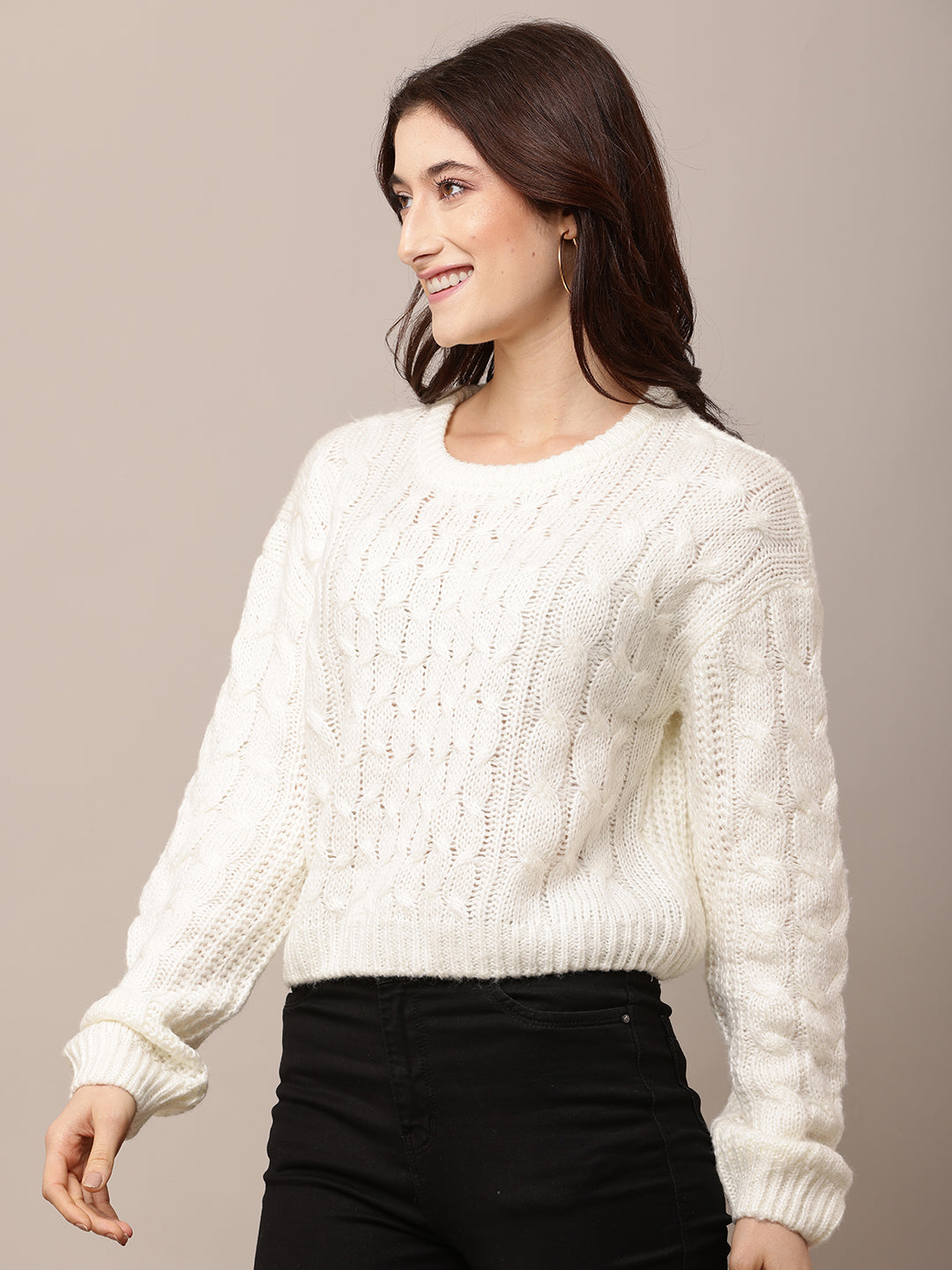 Acrylic Full Sleeve with Round Neck Cable knit White sweater
