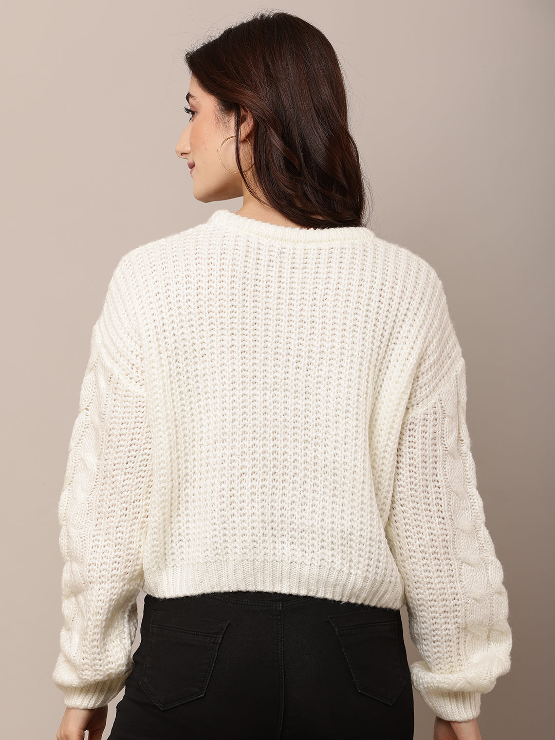 Acrylic Full Sleeve with Round Neck Cable knit White sweater