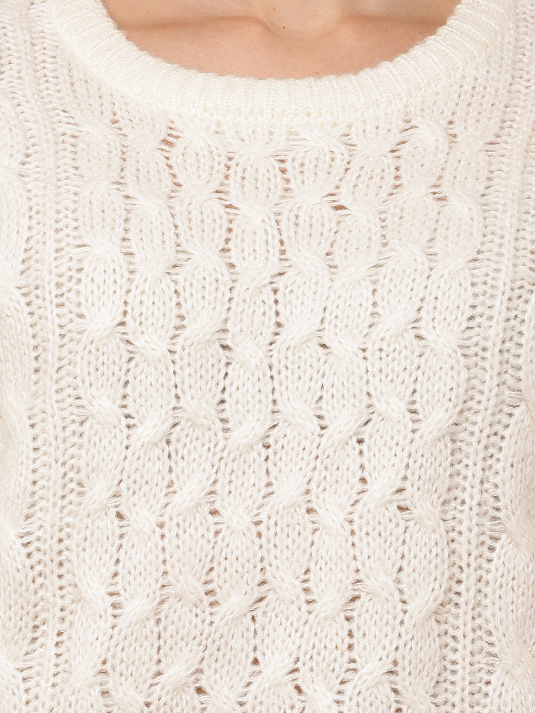 Acrylic Full Sleeve with Round Neck Cable knit White sweater
