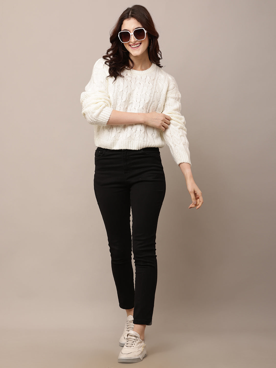 Acrylic Full Sleeve with Round Neck Cable knit White sweater