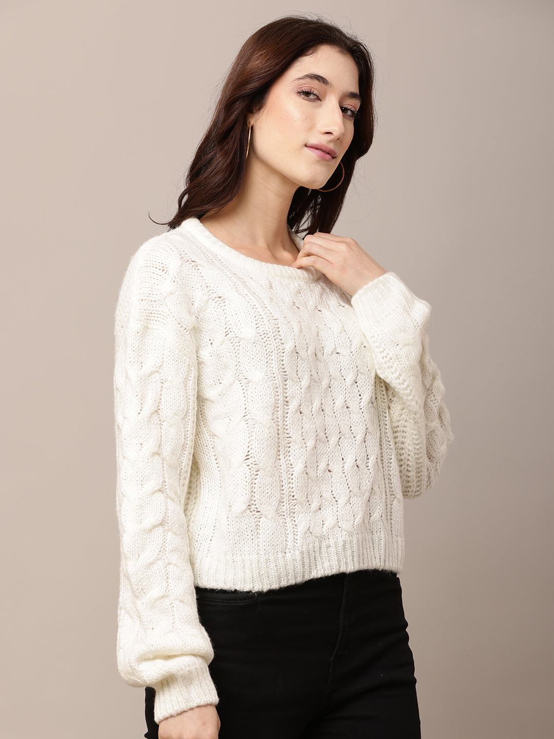Acrylic Full Sleeve with Round Neck Cable knit White sweater