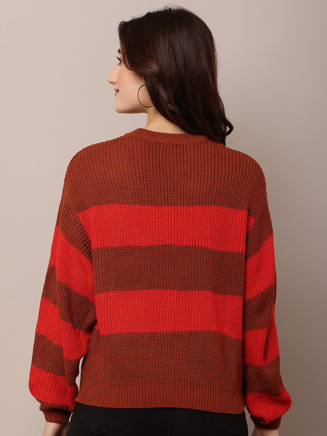 Acrylic Full Sleeve with Round Neck Striped Red Baggy Style Sweater