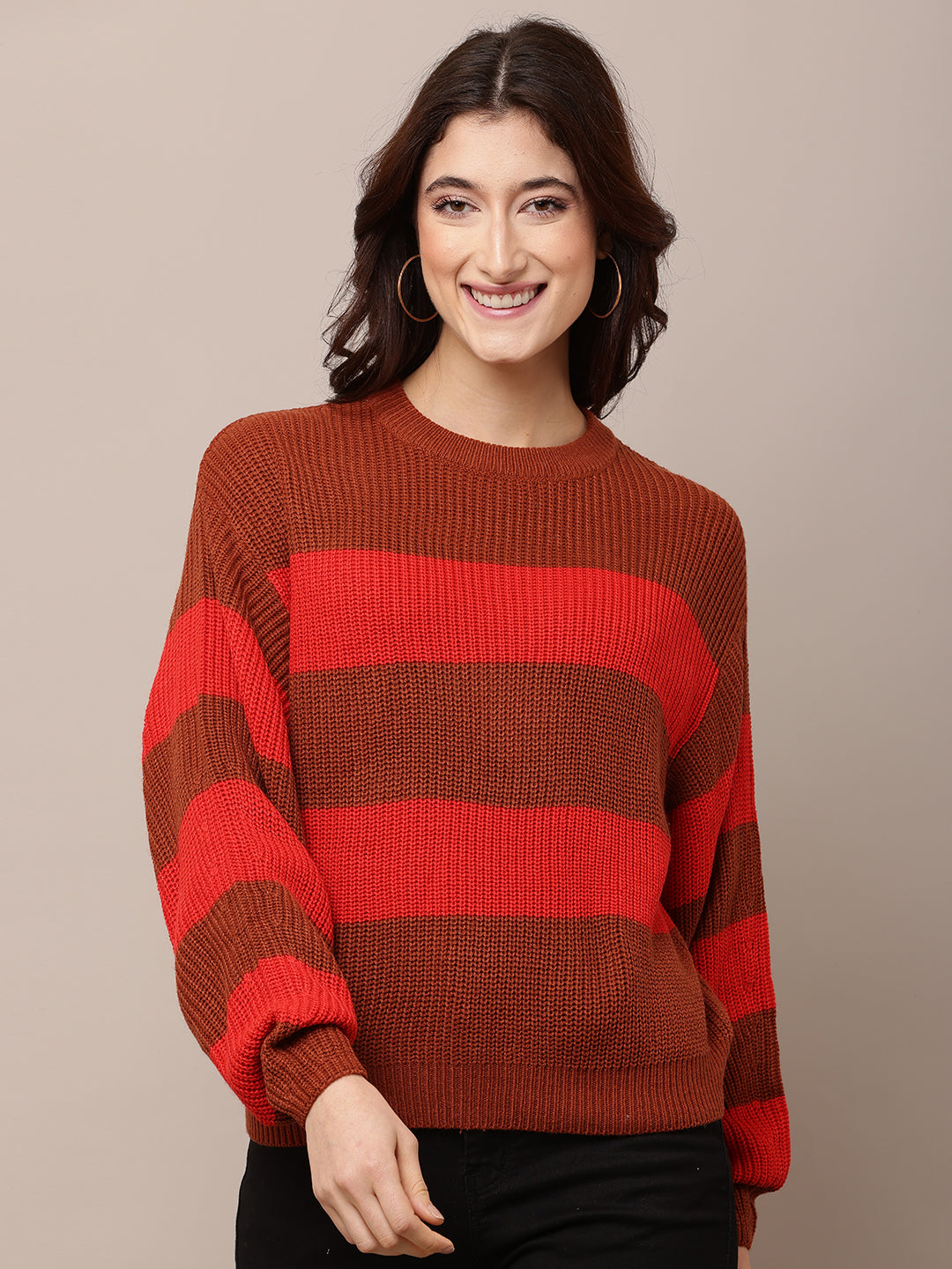 Acrylic Full Sleeve with Round Neck Striped Red Baggy Style Sweater