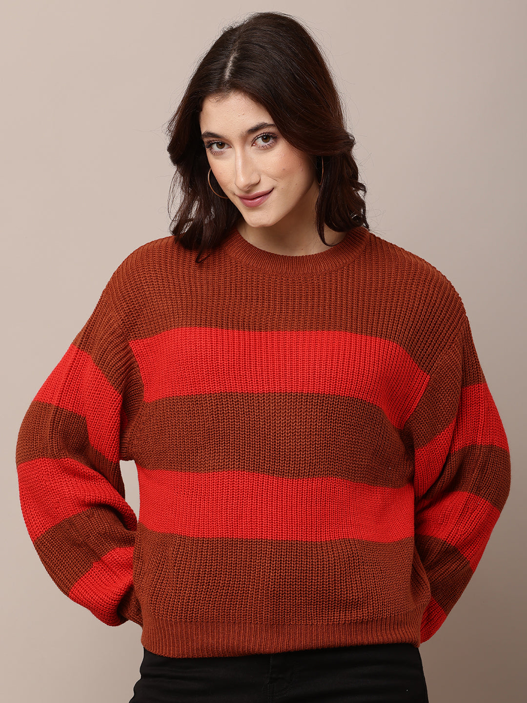 Acrylic Full Sleeve with Round Neck Striped Red Baggy Style Sweater