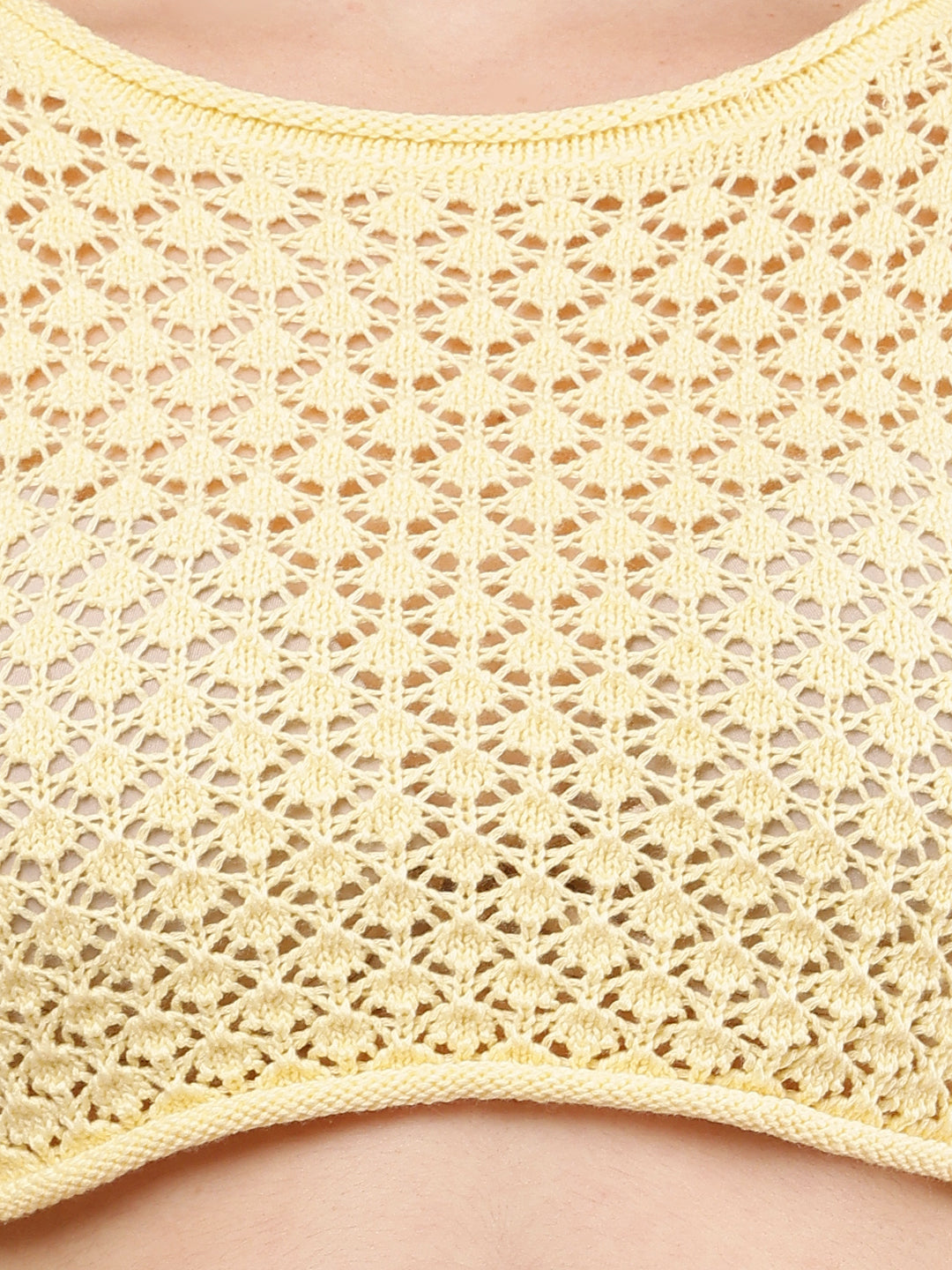 Cotton Full Sleeve with Round Neck Crochet Crop Yellow Sweater