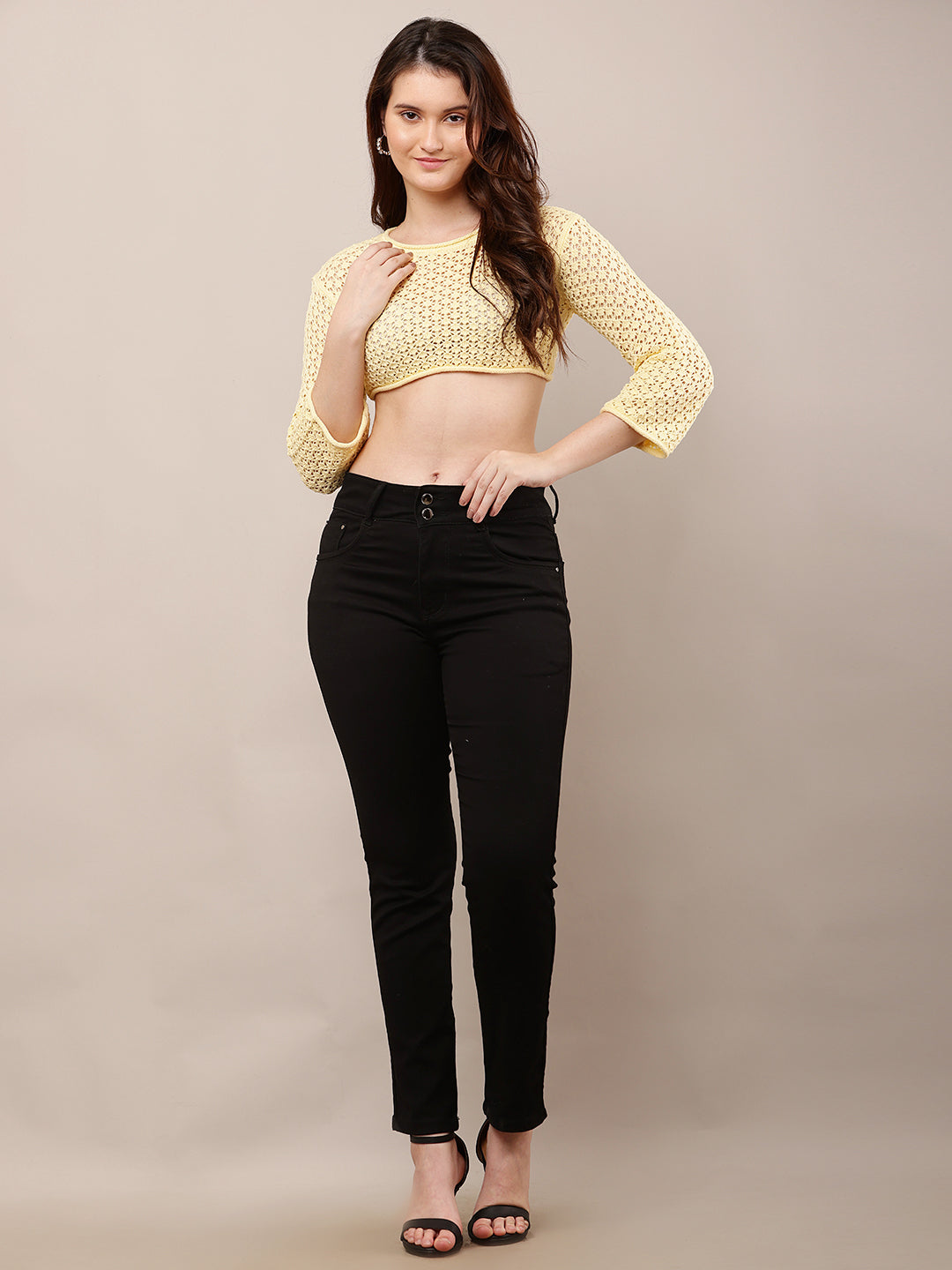 Cotton Full Sleeve with Round Neck Crochet Crop Yellow Sweater