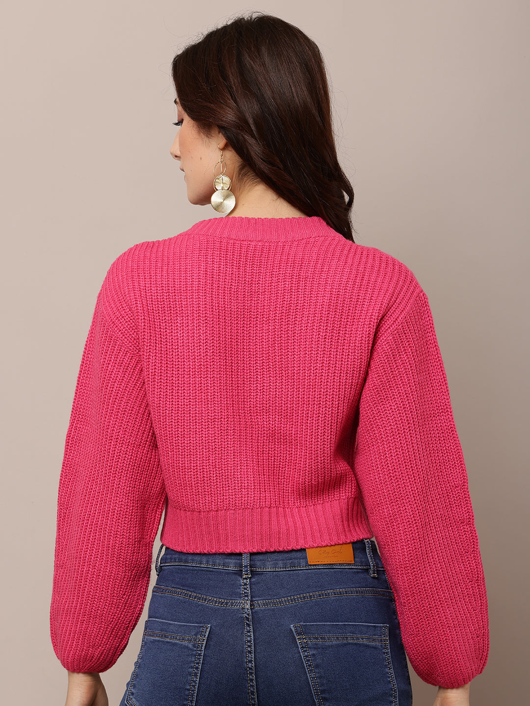 Acrylic Full Sleeve with V-Neck Pink Cardigan