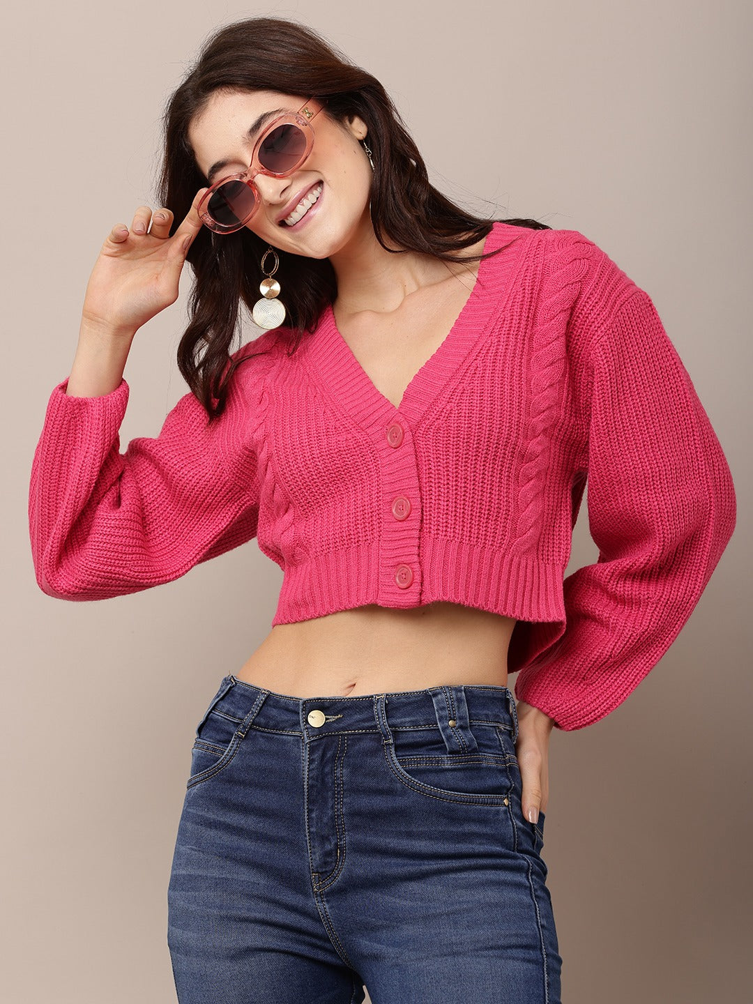 Acrylic Full Sleeve with V-Neck Pink Cardigan