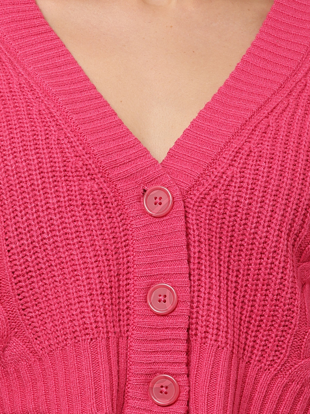 Acrylic Full Sleeve with V-Neck Pink Cardigan
