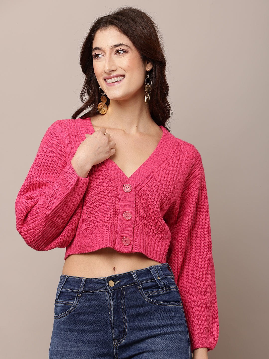Acrylic Full Sleeve with V-Neck Pink Cardigan