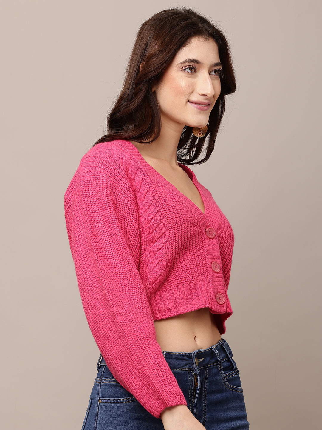 Acrylic Full Sleeve with V-Neck Pink Cardigan