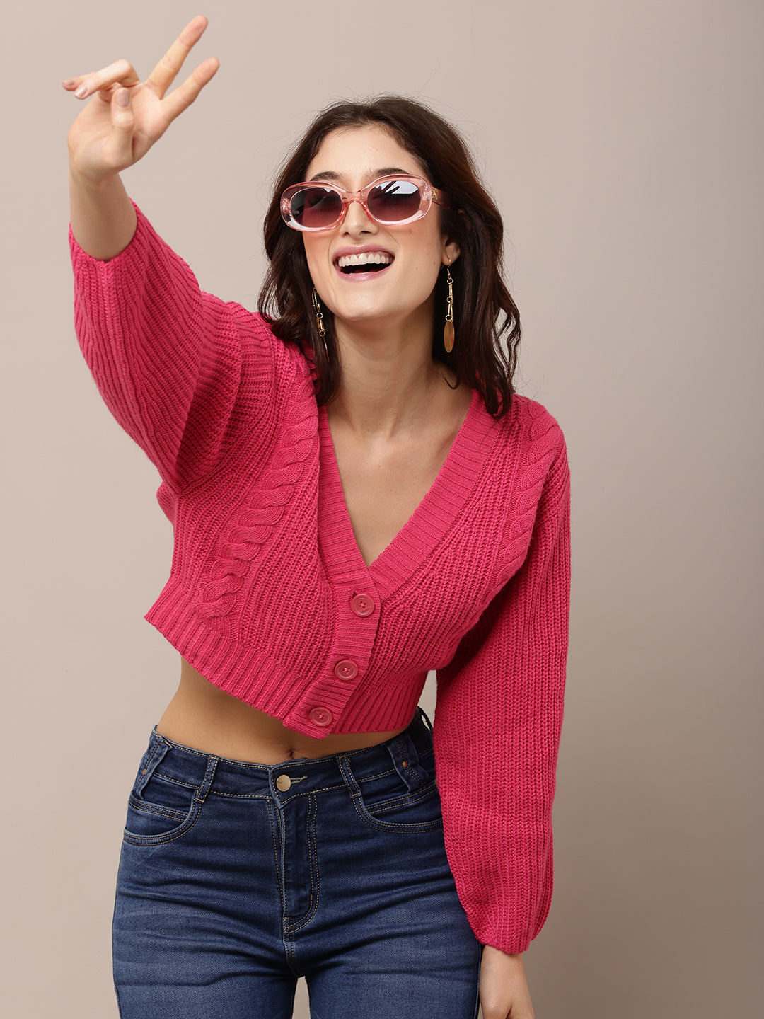 Acrylic Full Sleeve with V-Neck Pink Cardigan