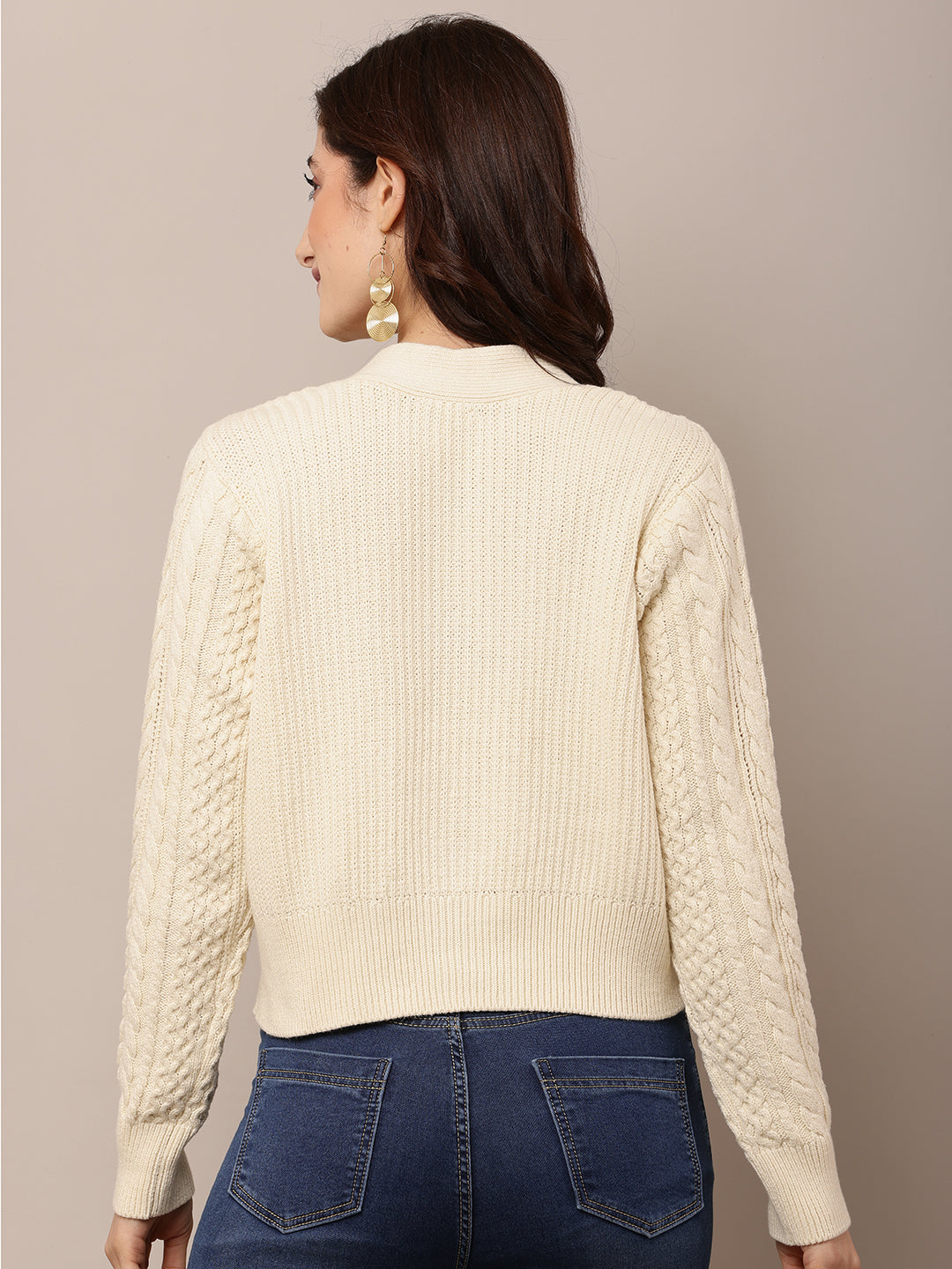 Cotton Full Sleeve with V-Neck Cable Knit Dark Cream Cardigan