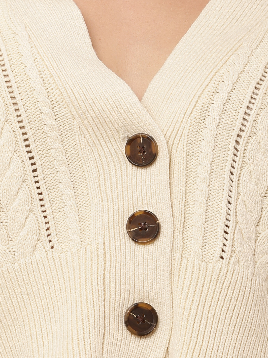 Cotton Full Sleeve with V-Neck Cable Knit Dark Cream Cardigan