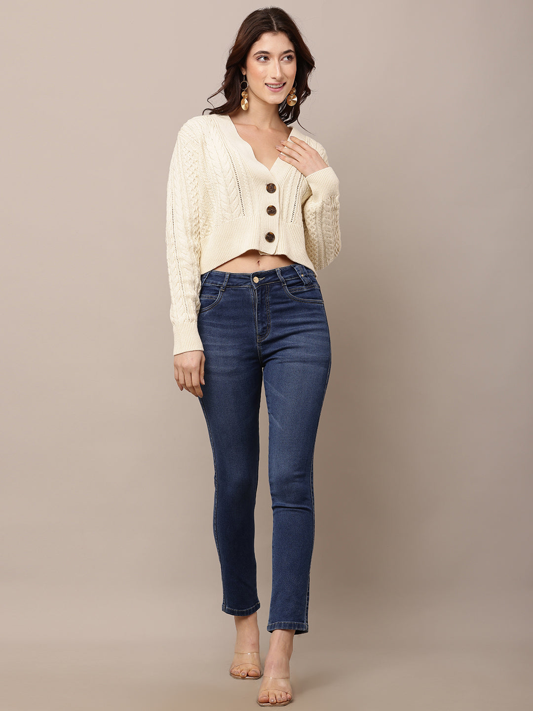 Cotton Full Sleeve with V-Neck Cable Knit Dark Cream Cardigan