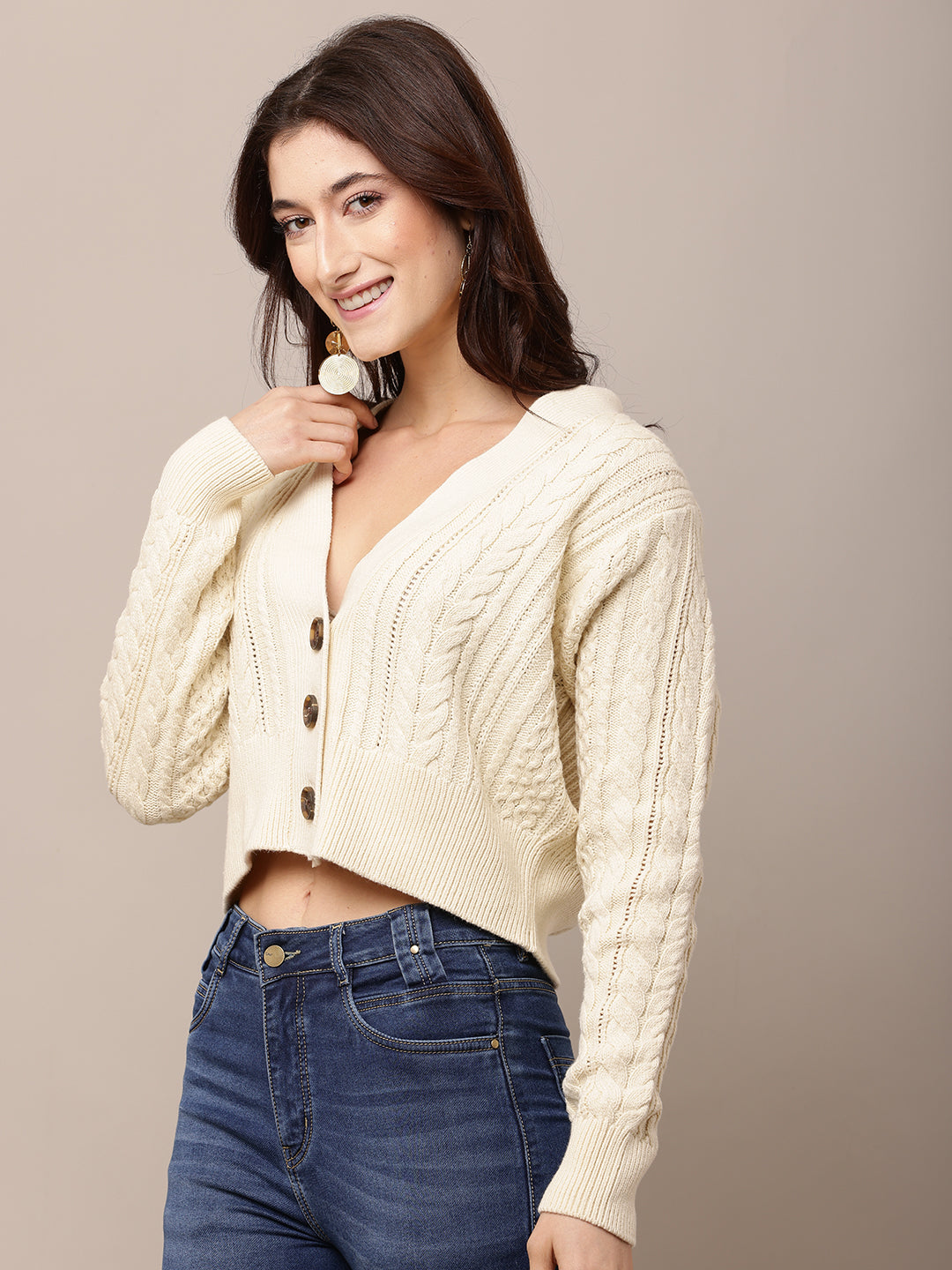 Cotton Full Sleeve with V-Neck Cable Knit Dark Cream Cardigan