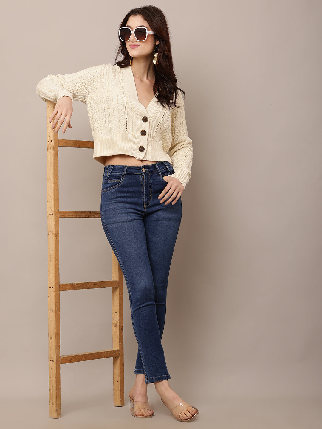 Cotton Full Sleeve with V-Neck Cable Knit Dark Cream Cardigan