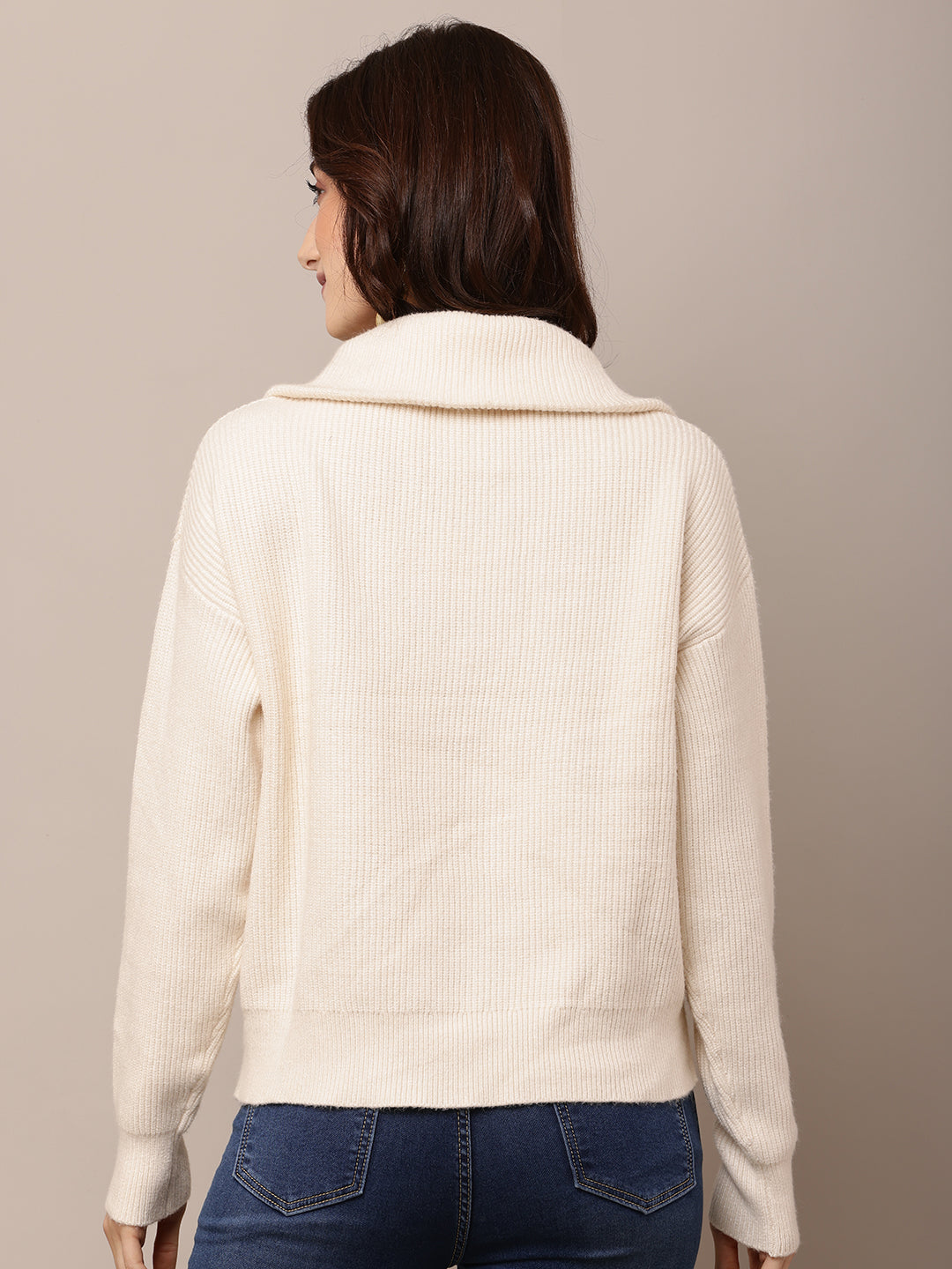 Viscose Full Sleeve with Shirt Collar Cream Sweatshirt