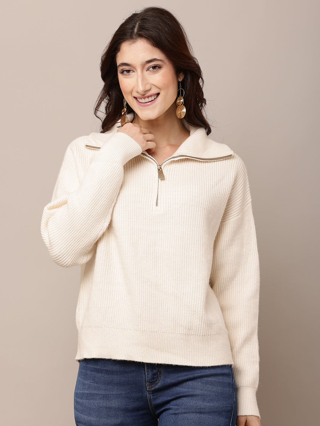 Viscose Full Sleeve with Shirt Collar Cream Sweatshirt