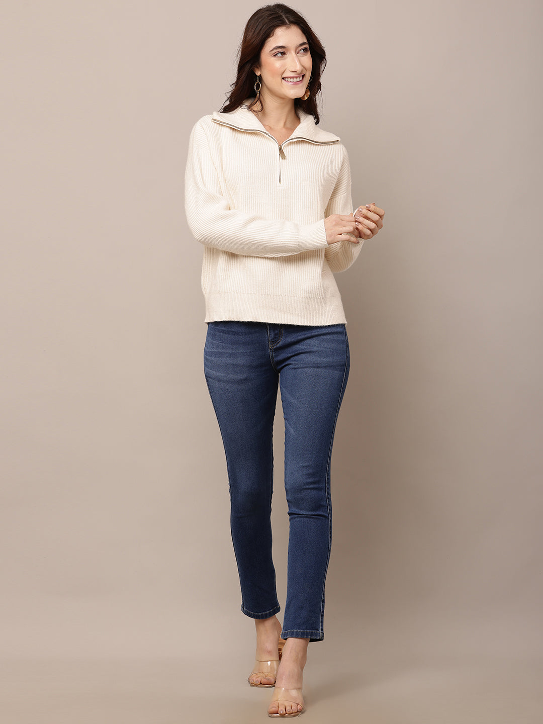 Viscose Full Sleeve with Shirt Collar Cream Sweatshirt