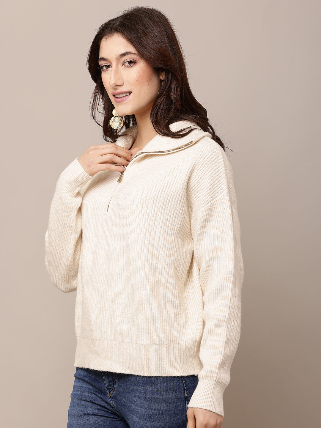Viscose Full Sleeve with Shirt Collar Cream Sweatshirt