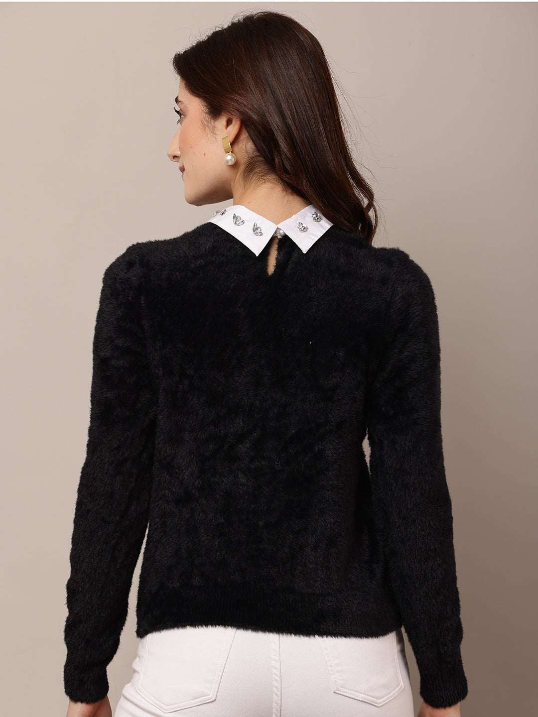 Nylon Full Sleeve with Round Neck Black Sweater
