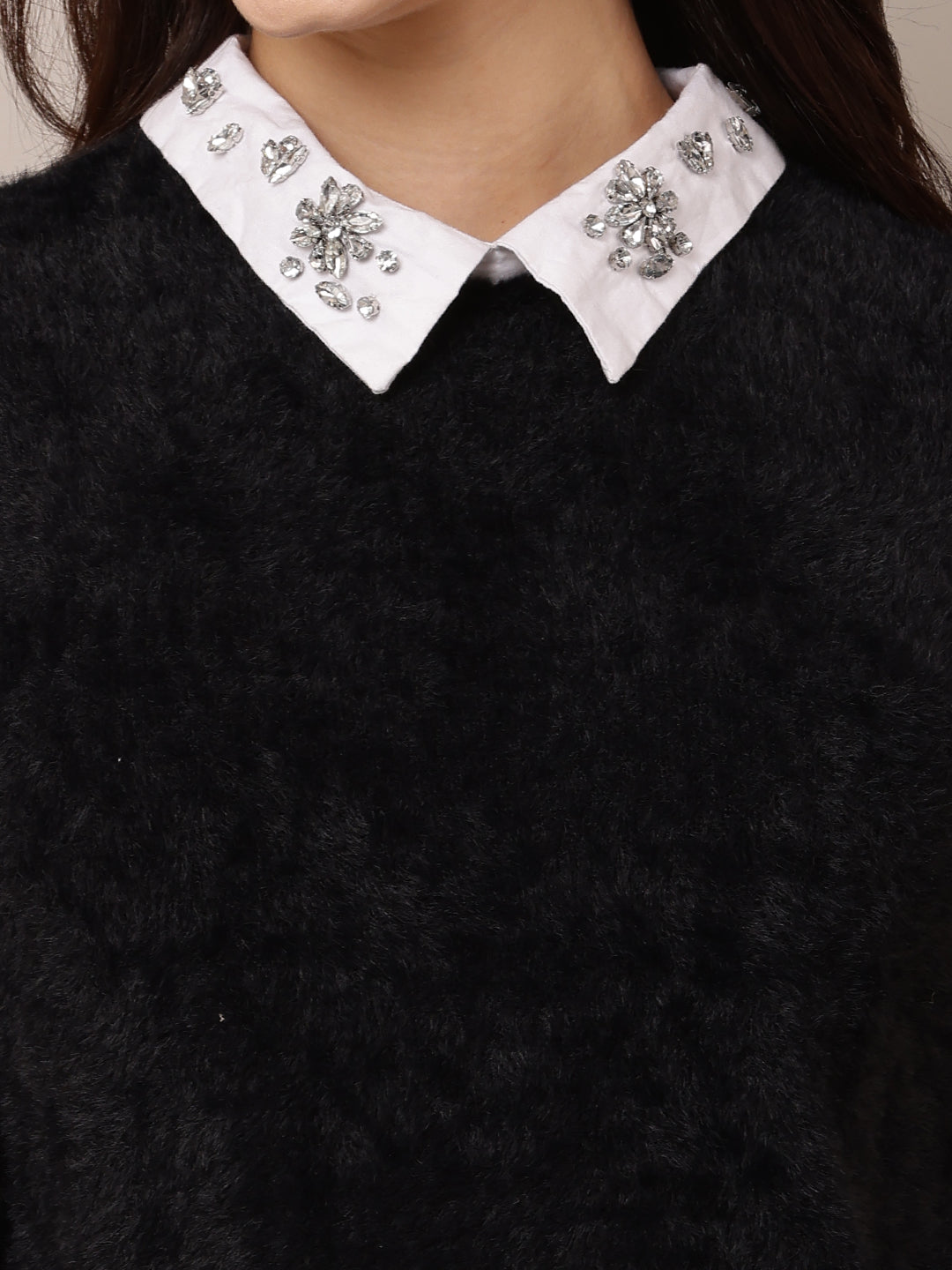 Nylon Full Sleeve with Round Neck Black Sweater
