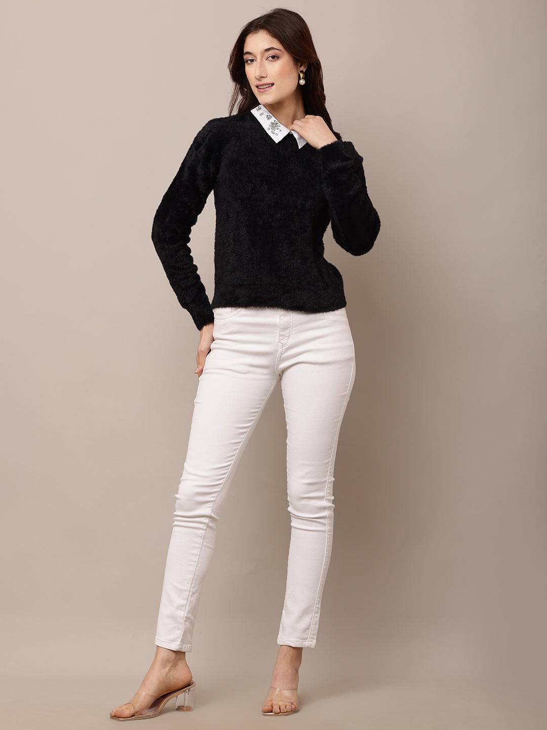 Nylon Full Sleeve with Round Neck Black Sweater