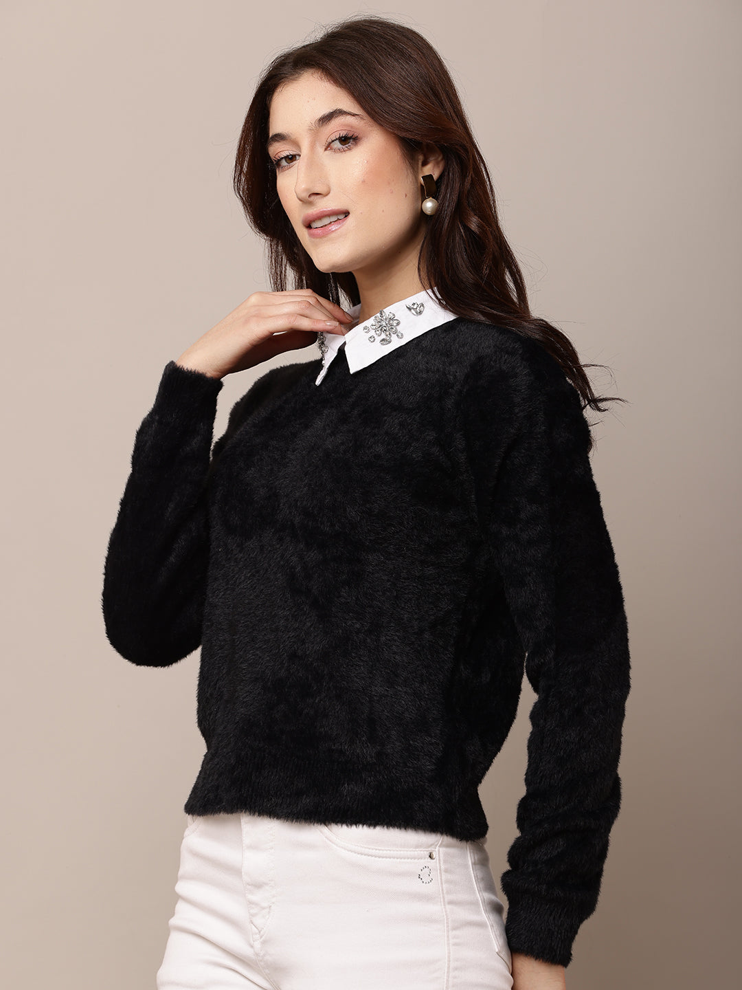 Nylon Full Sleeve with Round Neck Black Sweater