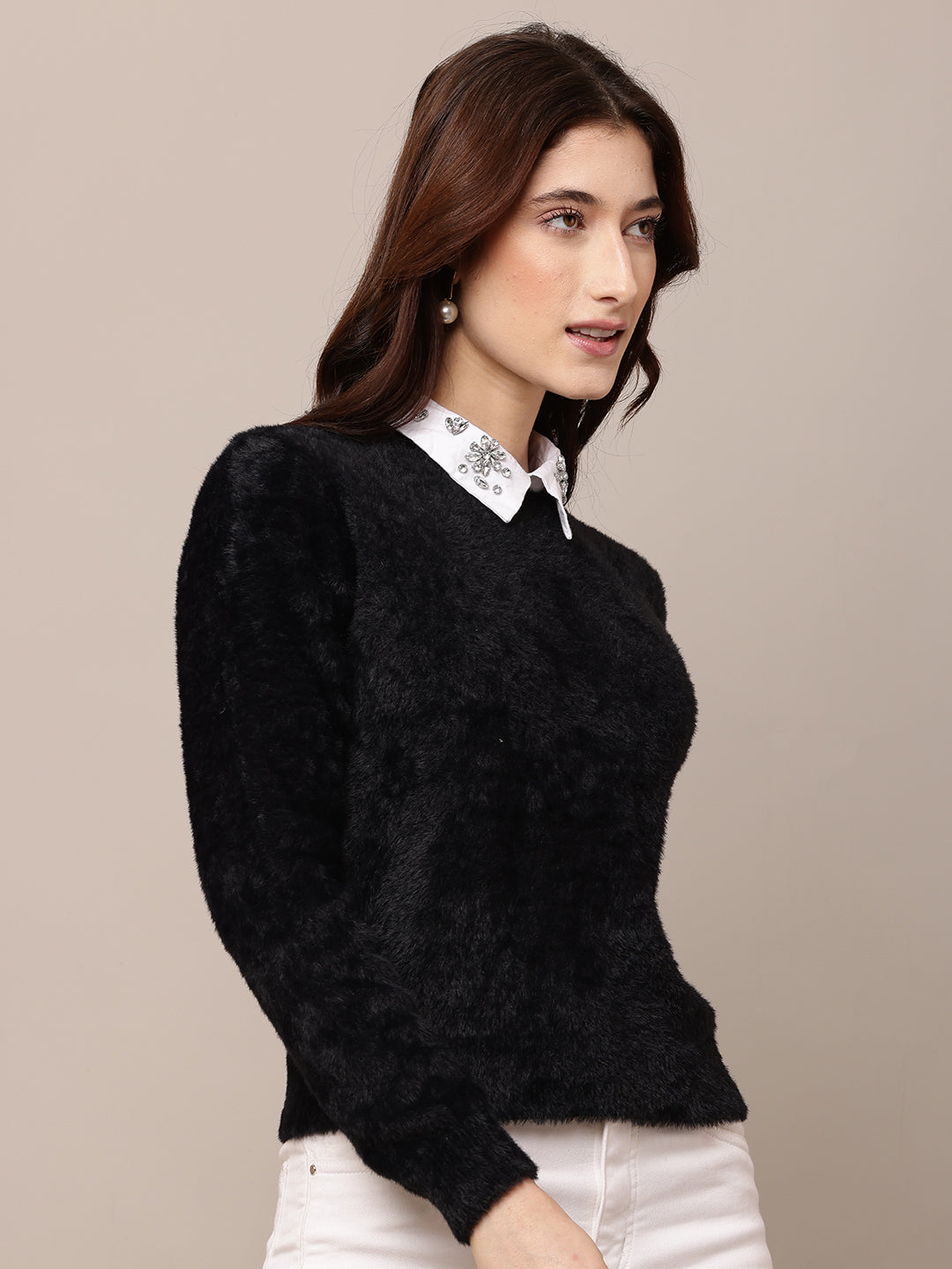 Nylon Full Sleeve with Round Neck Black Sweater