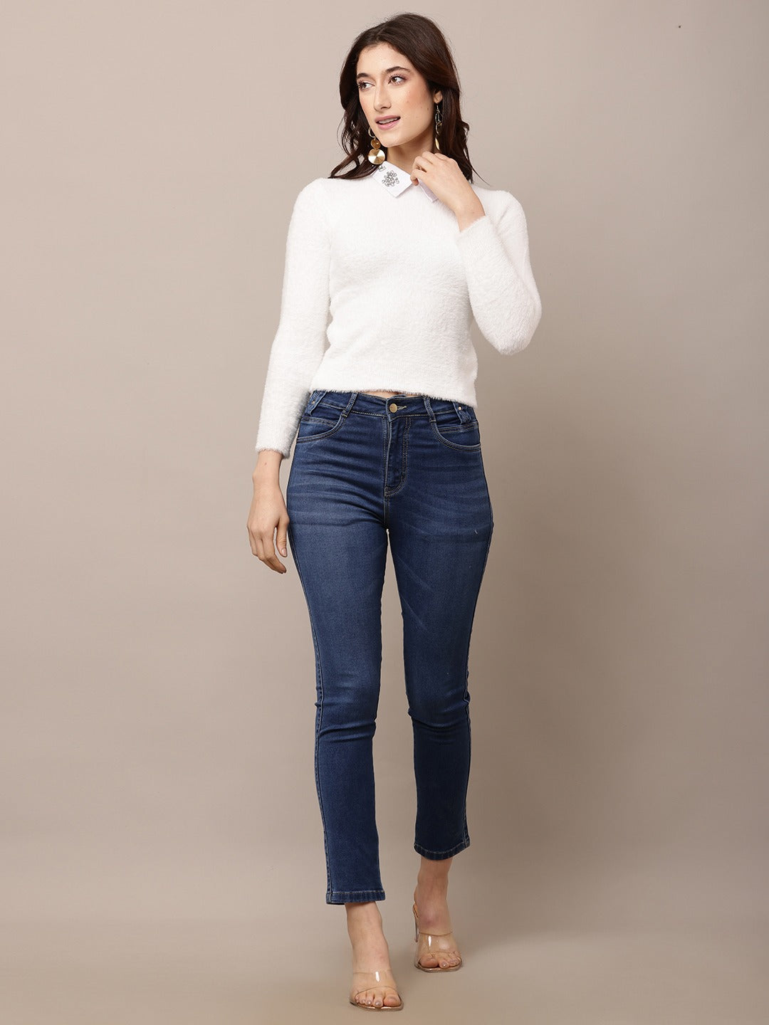 Nylon Full Sleeve with Round Neck White Sweater