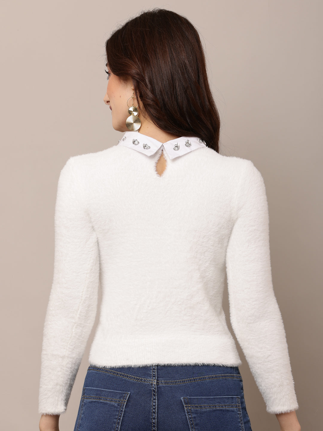 Nylon Full Sleeve with Round Neck White Sweater