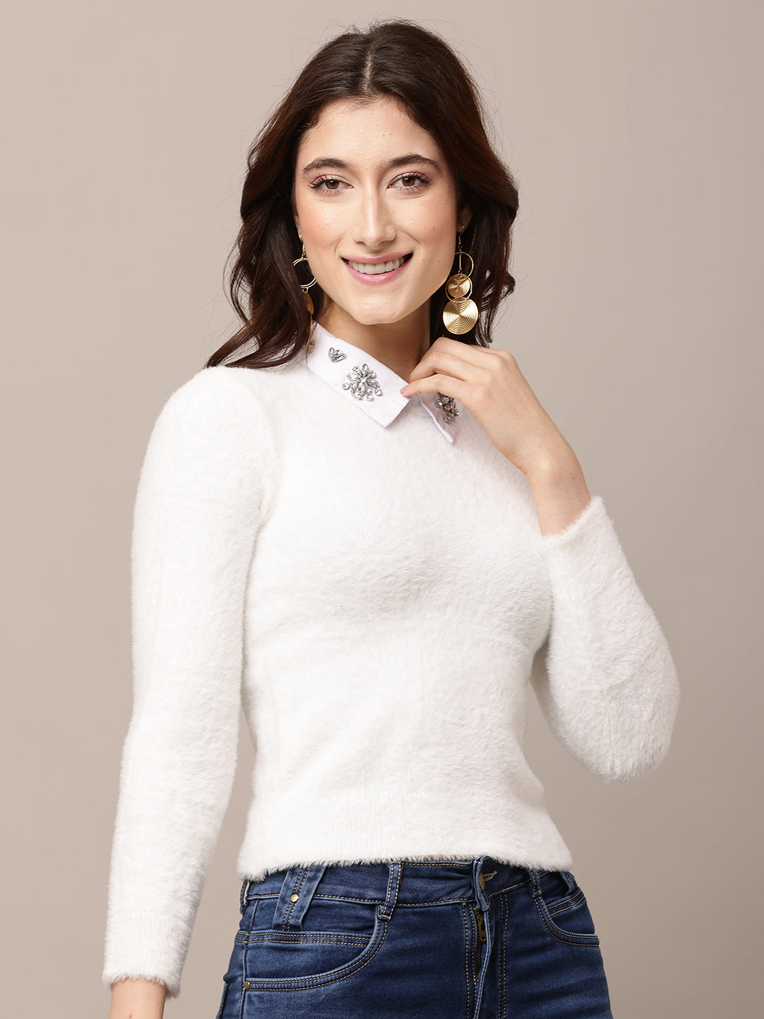 Nylon Full Sleeve with Round Neck White Sweater