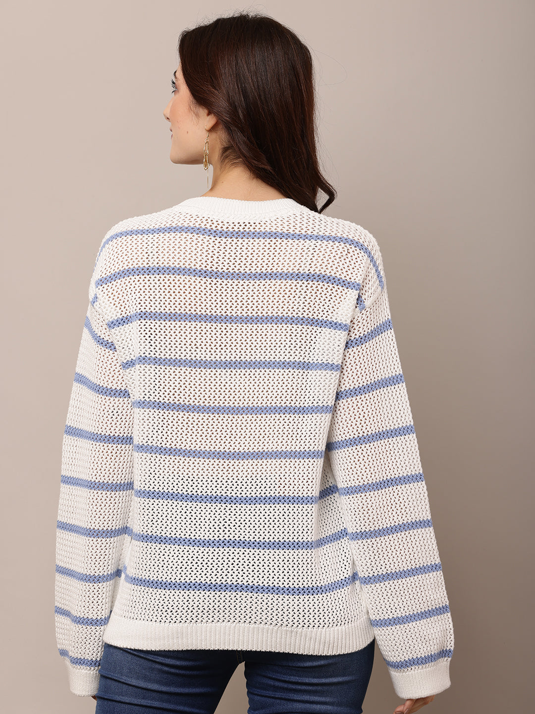 Acrylic Full Sleeve with Round Neck Striped White Sweater