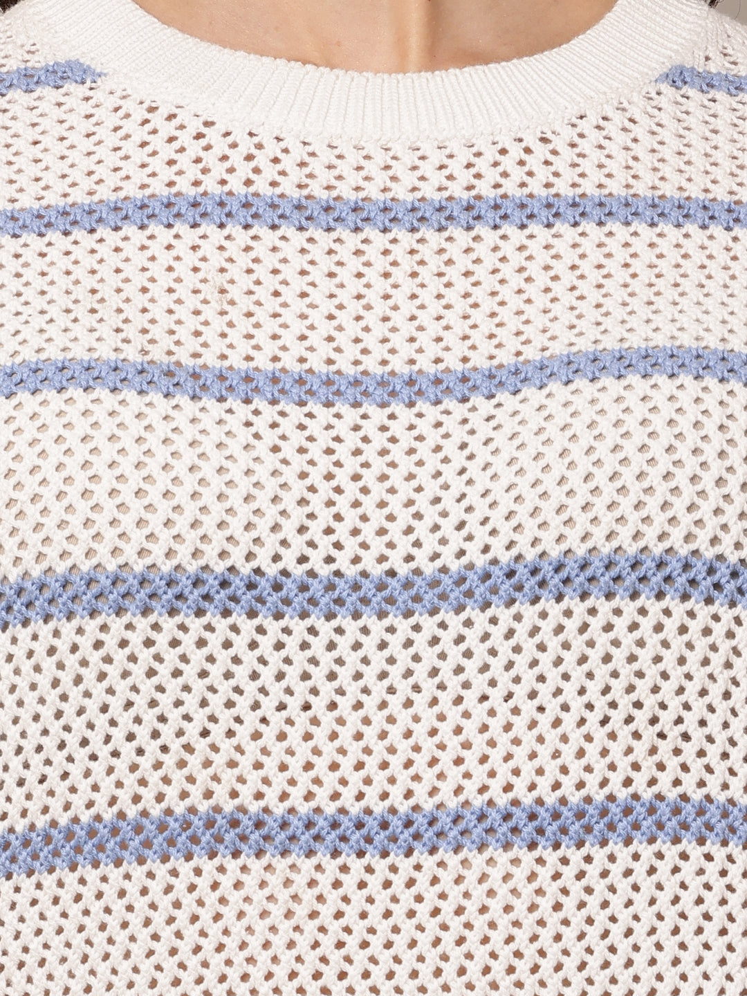 Acrylic Full Sleeve with Round Neck Striped White Sweater