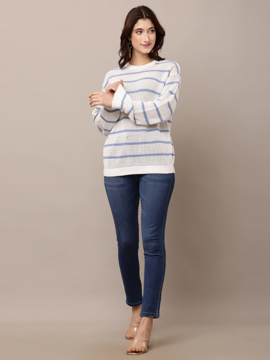 Acrylic Full Sleeve with Round Neck Striped White Sweater