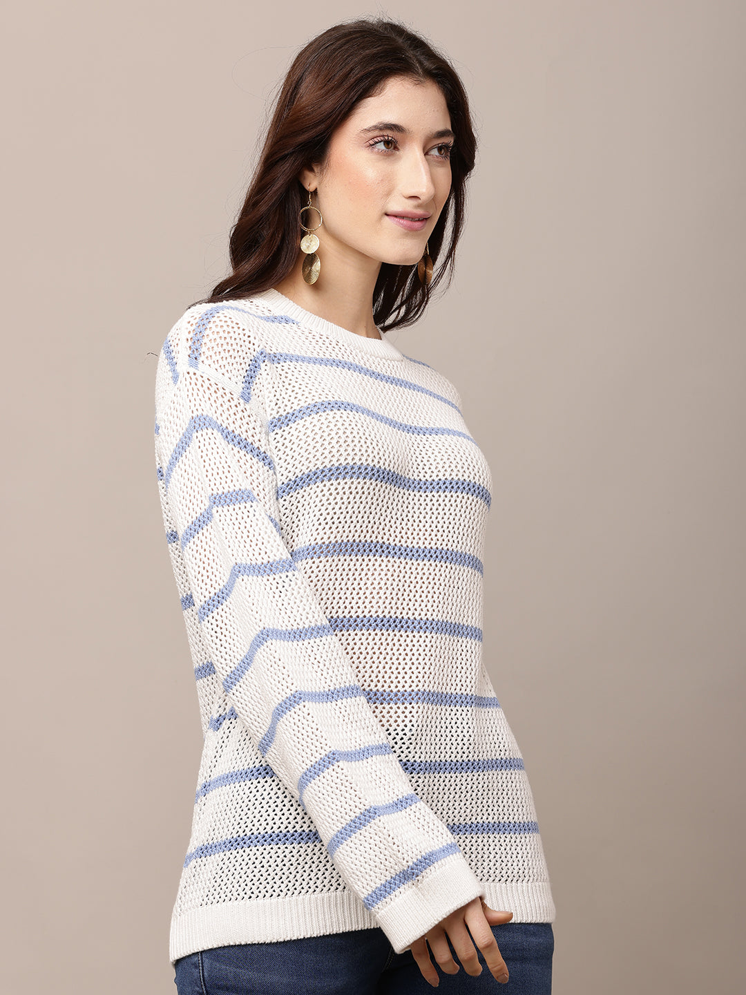 Acrylic Full Sleeve with Round Neck Striped White Sweater