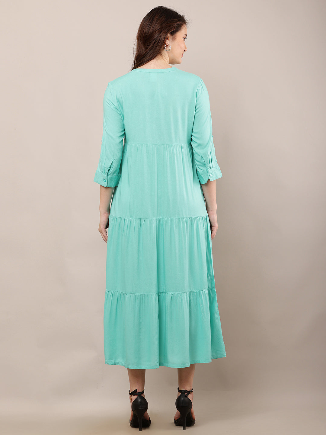 Rayon V-Neck with 3/4th Sleeve Midi Light Green Summer Dress