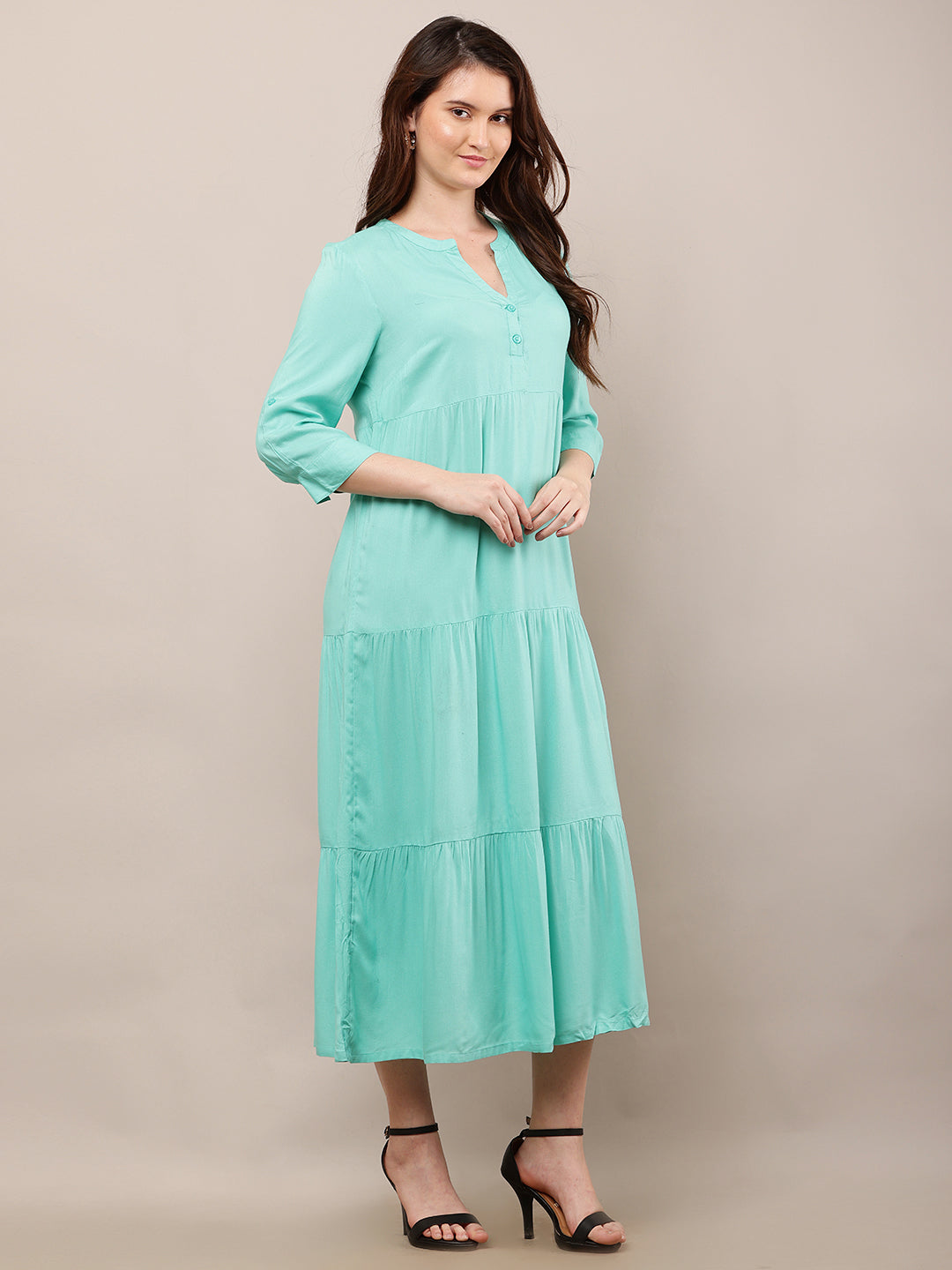 Rayon V-Neck with 3/4th Sleeve Midi Light Green Summer Dress
