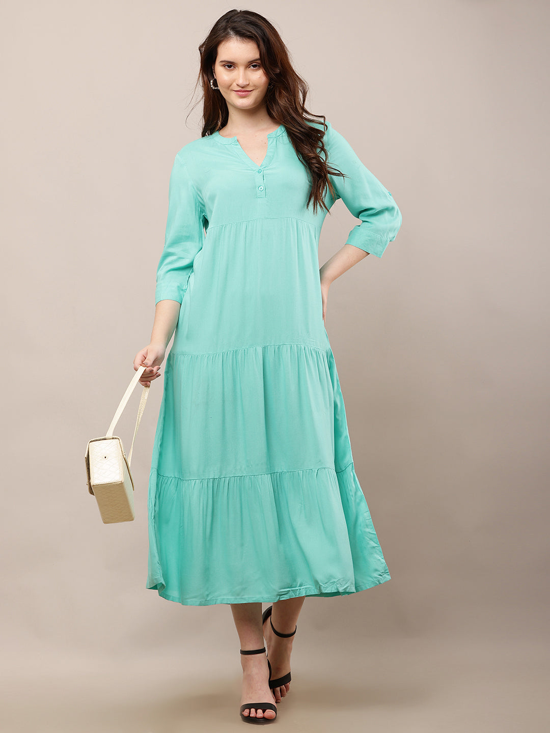 Rayon V-Neck with 3/4th Sleeve Midi Light Green Summer Dress