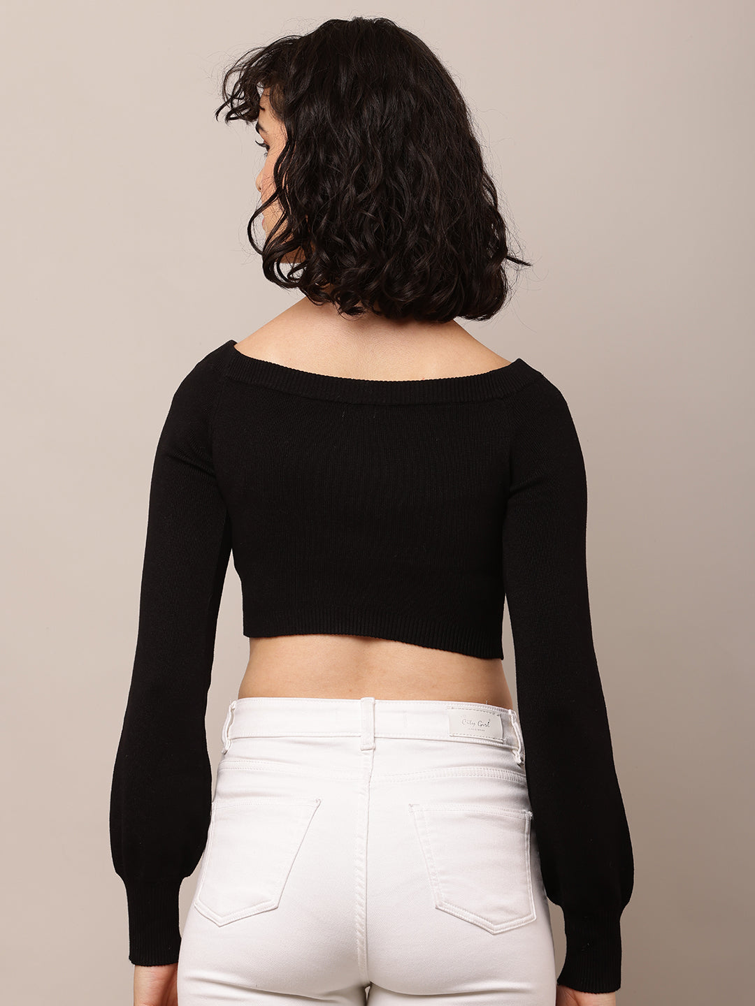 Viscose Full Sleeve with Boat Neck Ribbed Black Crop Top